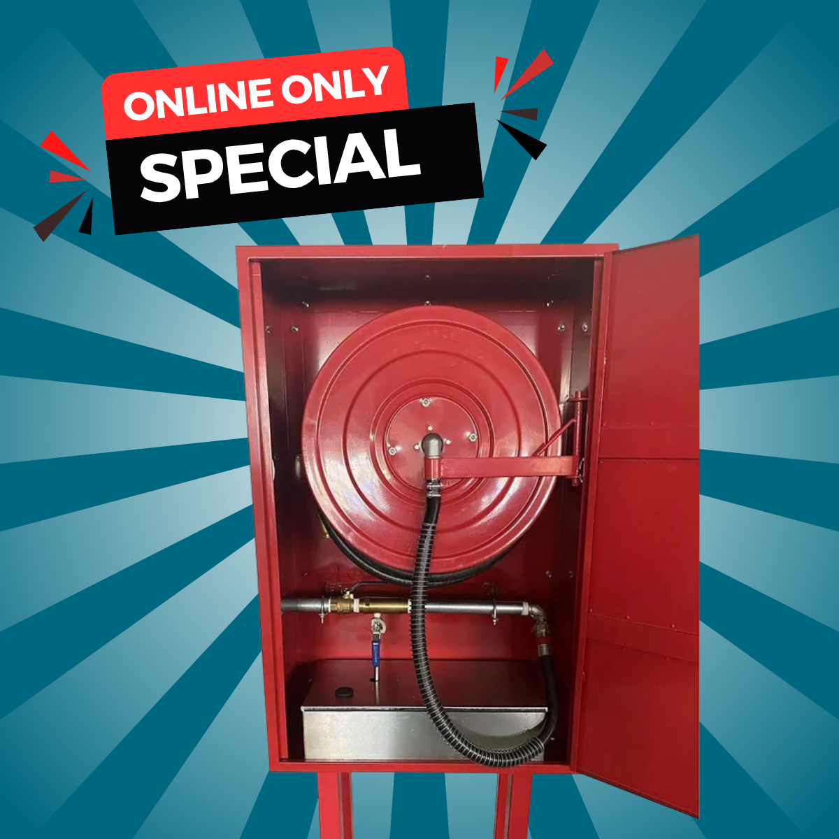 30m x 25mm Swing Arm Fire Hose Reel Induction System In Cabinet, Comes With Stand