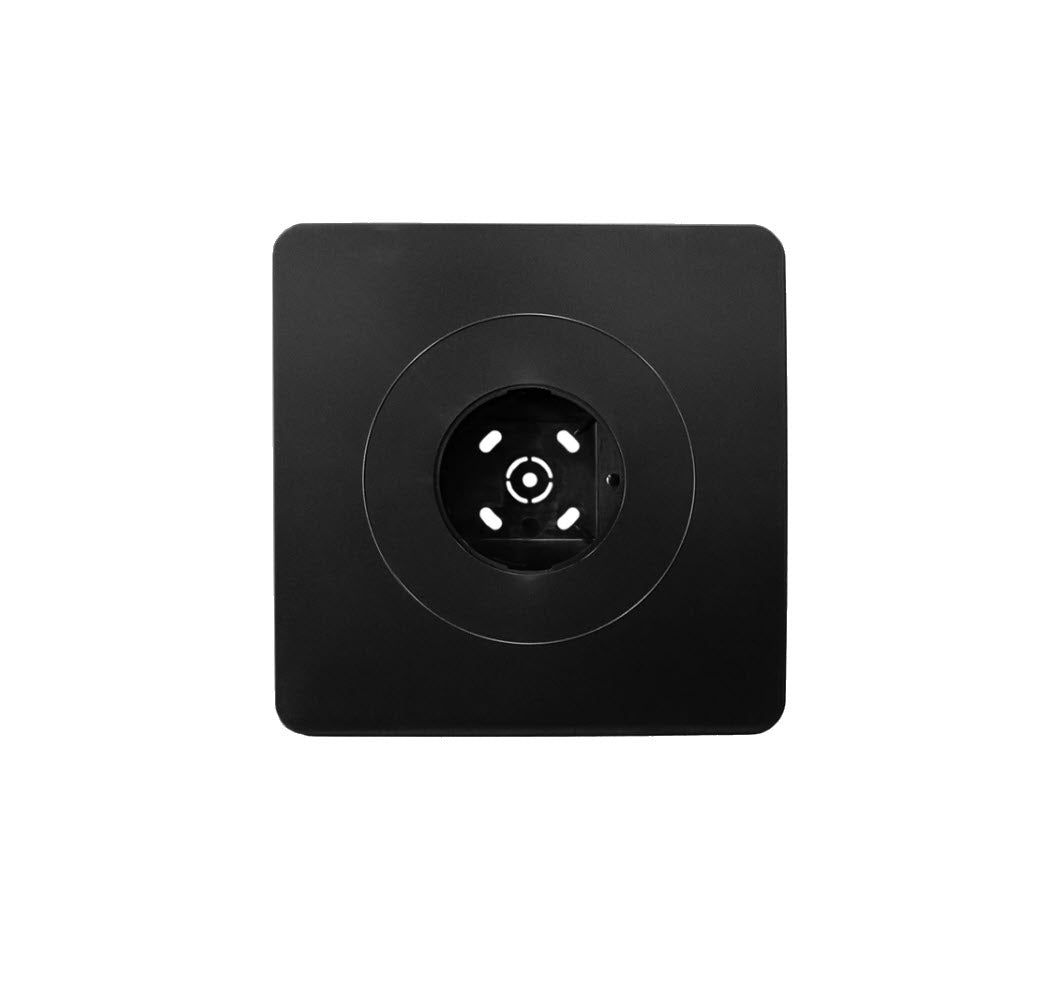 A black square-shaped surface mount emergency spitfire case with a central circular opening.