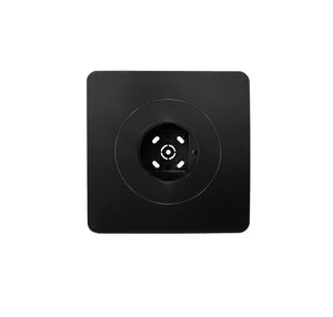 A black square-shaped surface mount emergency spitfire case with a central circular opening.